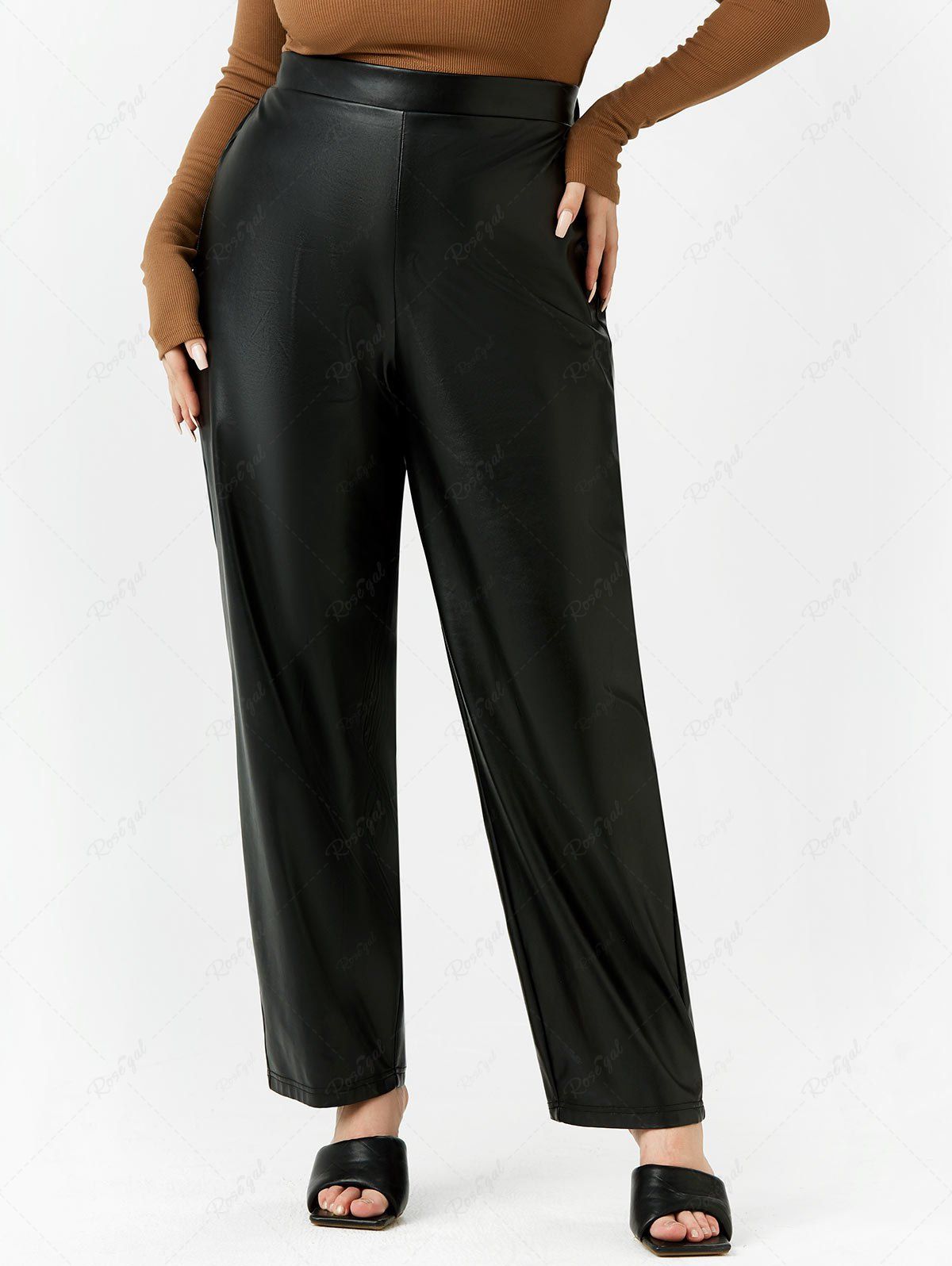 Online Plus Size Faux Leather Straight Pull On Pants  