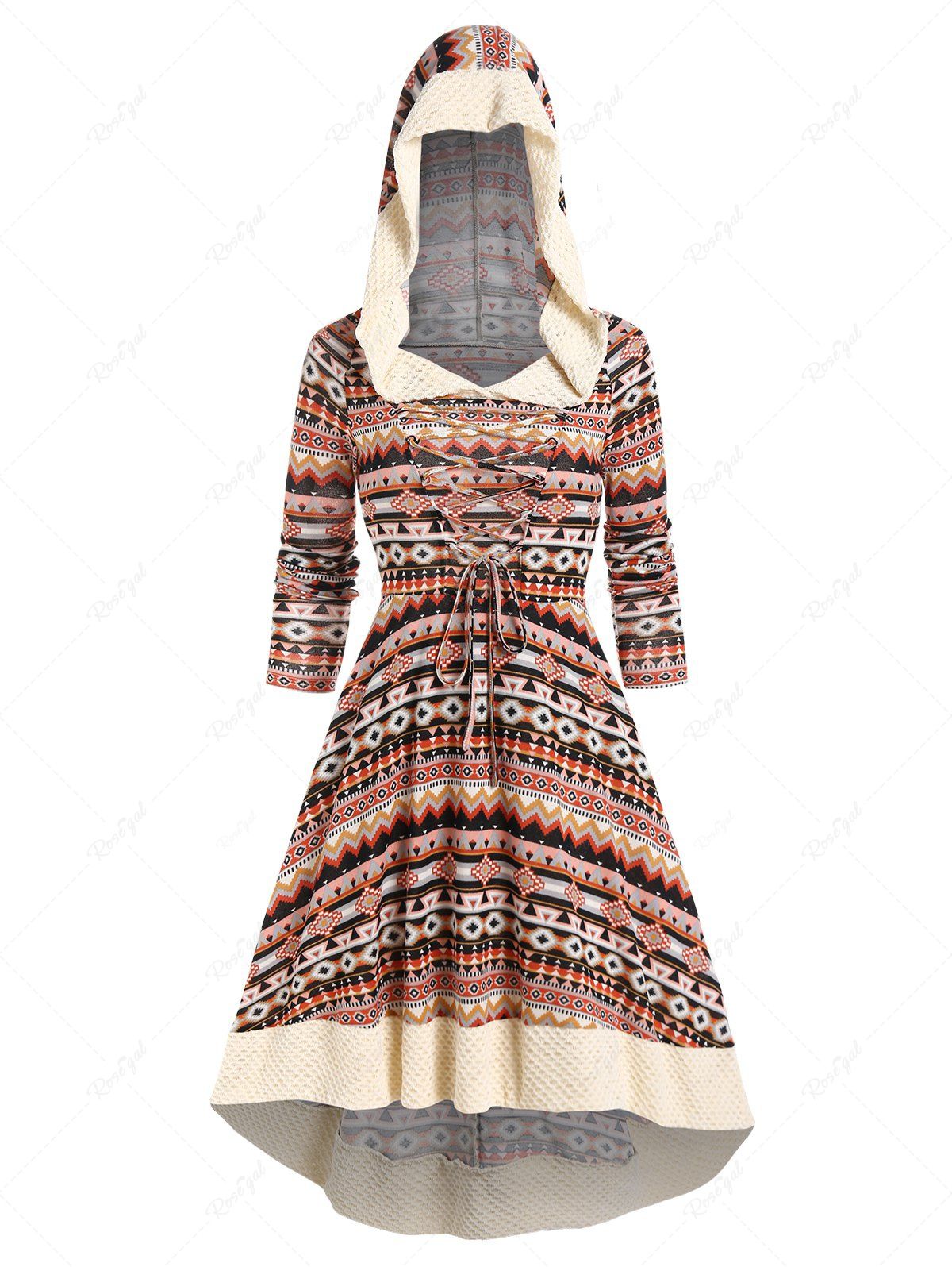 New Ethnic Style Printed Faux Fur Lace Up Textured Panel A Line Midi Hooded Dress  