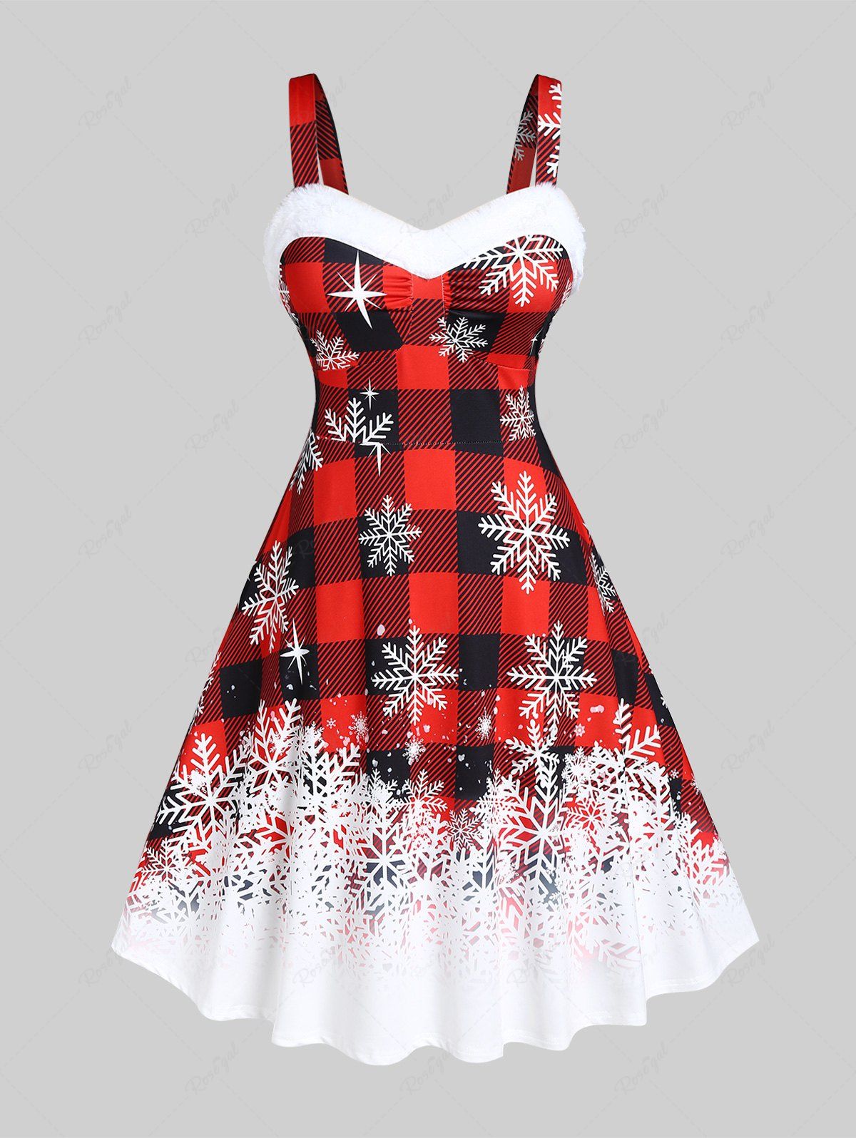 Robe Mi-Longue de Noël à Carreaux à Imprimé Flocon de Neige de Grande Taille Rouge 3x | US 22-24