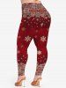 Plus Size Snowflake Print Pockets Flocking Lined Skinny Christmas Leggings -  