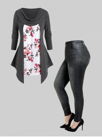 Floral Ribbed Cowl Neck Twofer Tee and 3D Jeans Printed Leggings Plus Size Outfit - GRAY