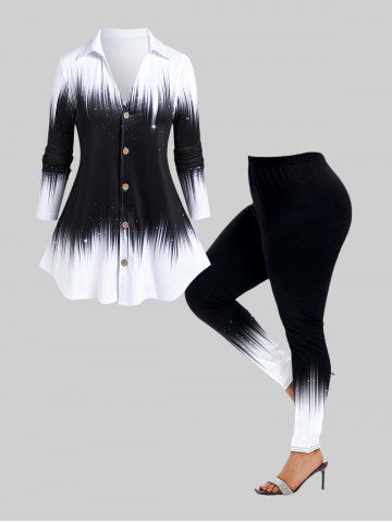 Monochrome Colorblock Button Up Shirt and Skinny Leggings Plus Size Outfit
