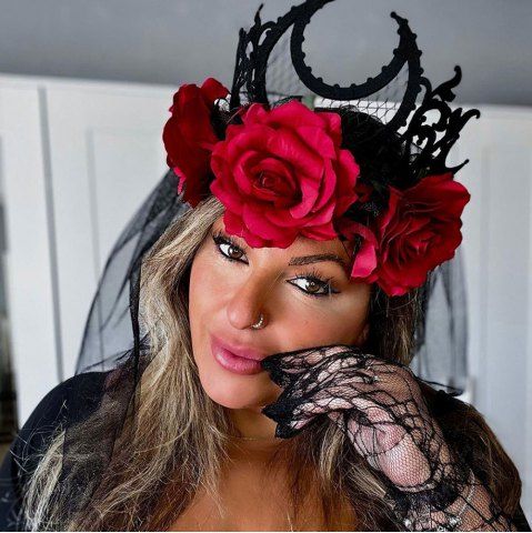 Gothic Rose Flower Hair Crown Halloween Tiara Headband Veil Hairs Accessories - MULTI