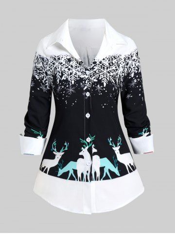 Plus Size Snowflake Elk Print Christmas Shirt - BLACK - 6XL