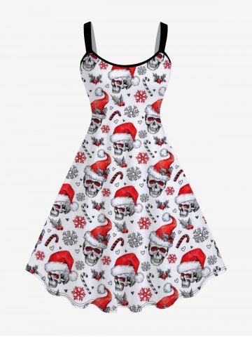 Plus Size Skulls Christmas Hat Snowflake Printed Sleeveless A Line Dress - WHITE - M