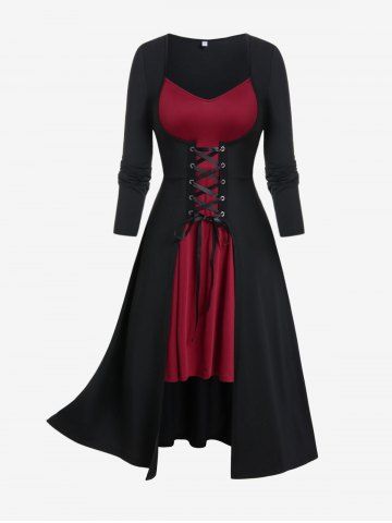 Gothic Two Tone Lace-up Asymmetrical Midi Dress