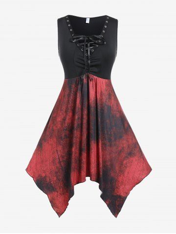 Robe Mi-Longue Mouchoir Teintée sans Manches de Grande Taille à Lacets - RED - L | US 12