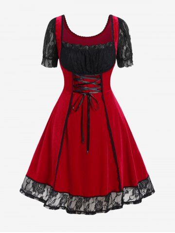 Vestido de Terciopelo de Vendimia de Encaje con Cordón Combinado en a de Talla Extra - RED - 1X | US 14-16
