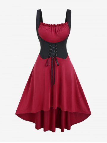 Plus Size Lace-up Two Tone High Low Sleeveless Corset Dress - RED - 5X | US 30-32