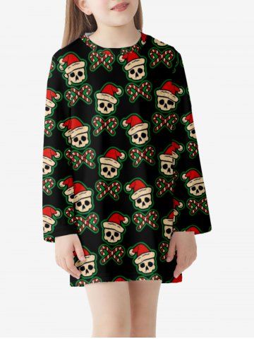 Girls Christmas Skull Hat Candy Print T-shirt Dress - BLACK - 150