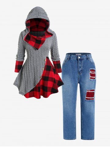 Plus Size Hooded Cable Knit Mixed Media Plaid Top and Jeans Outfit - RED