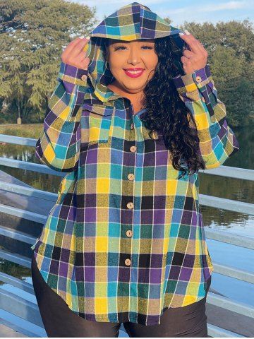 Plus Size Hooded Plaid Front Pockets Shacket - MULTI - 1X