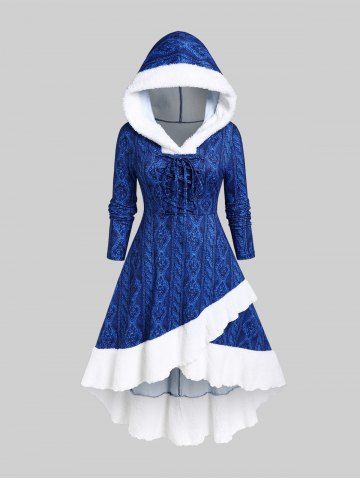 Plus Size Hooded Lace-up 3D Cable Knit Print Fluffy Trim High Low Dress - BLUE - L | US 12