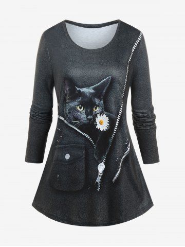 Plus Size 3D Cat Zip Print Long Sleeve T-shirt - BLACK - 3XL