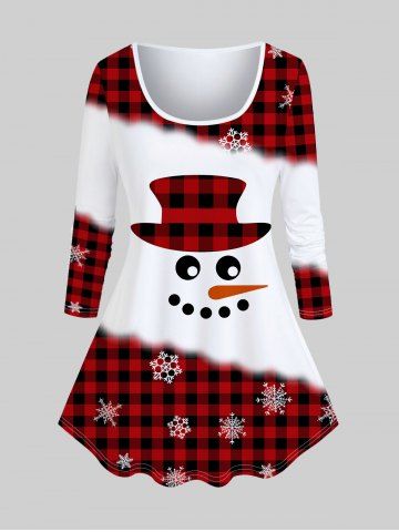 Plus Size Christmas Snowflake Snowman Printed Plaid Long Sleeves Tee - RED - 2X | US 18-20