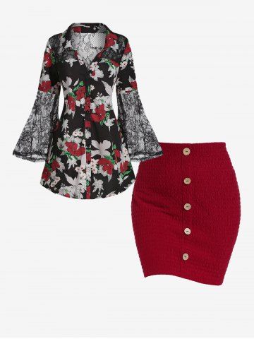 Bell Sleeve Floral Print Shirt and Smocked Bodycon Mini Skirt Plus Size Outfit - BLACK
