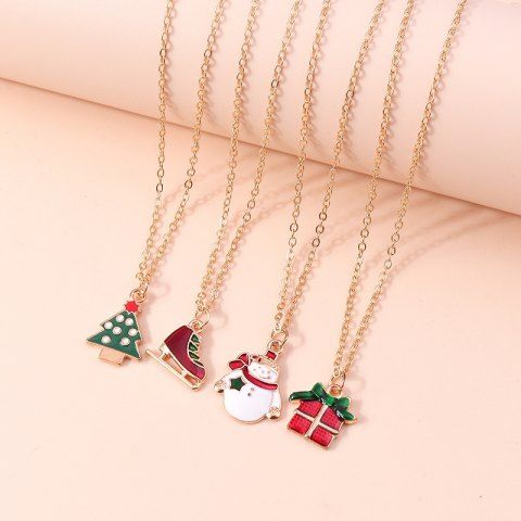 4Pcs Christmas Tree Sleigh Snowman Gift Pendant Necklace