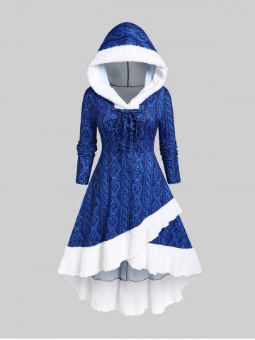 Robe à Capuche Fourrée à Imprimé 3D Haute Basse de Grande Taille à Lacets - BLUE - L | US 12