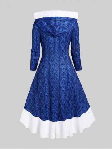 Plus Size Hooded Lace-up 3D Cable Knit Print Fluffy Trim High Low Dress