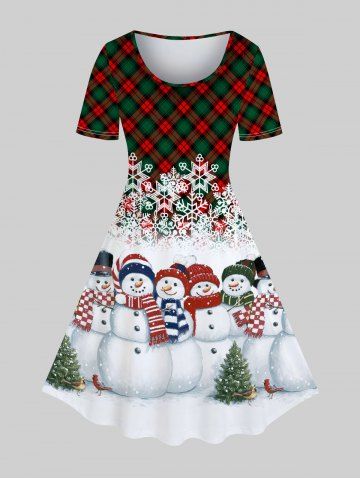 Plus Size Christmas Plaid Snowman Print Knee Length Dress - DEEP GREEN - 5X | US 30-32