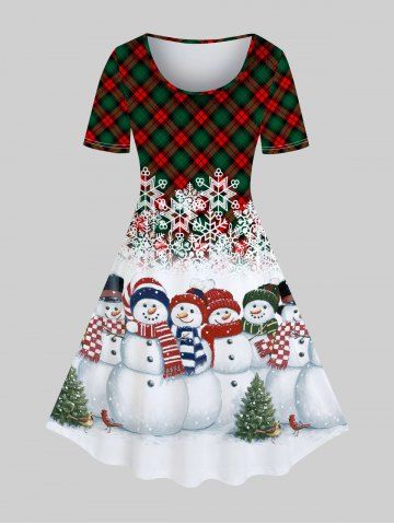 Robe de Noël Longueur à Genou à Imprimé Bonhomme de Neige à Carreaux de Grande Taille - DEEP GREEN - 3X | US 22-24