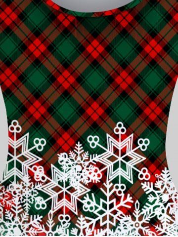 Plus Size Christmas Plaid Snowman Print Knee Length Dress