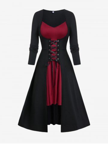 Gothic Two Tone Lace-up Asymmetrical Midi Dress