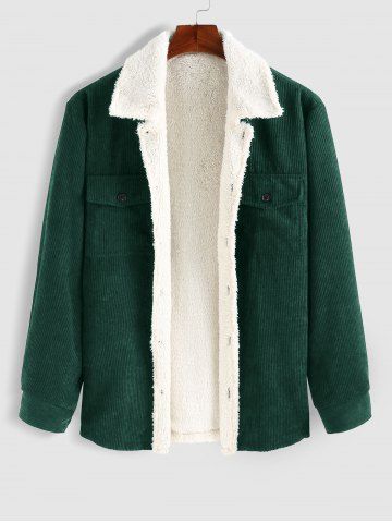 Double Pockets Design Fuzzy Fleece-lined Corduroy Jacket - DEEP GREEN - XL