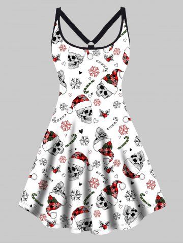 Plus Size Christmas Candy Snowflake Plaid Cap Skull Print Cami Dress - WHITE - 1X