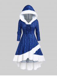 Plus Size Hooded Lace-up 3D Cable Knit Print Fluffy Trim High Low Dress -  