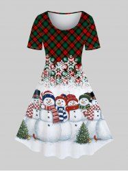 Robe de Noël Longueur à Genou à Imprimé Bonhomme de Neige à Carreaux de Grande Taille - Vert profond 2X | US 18-20