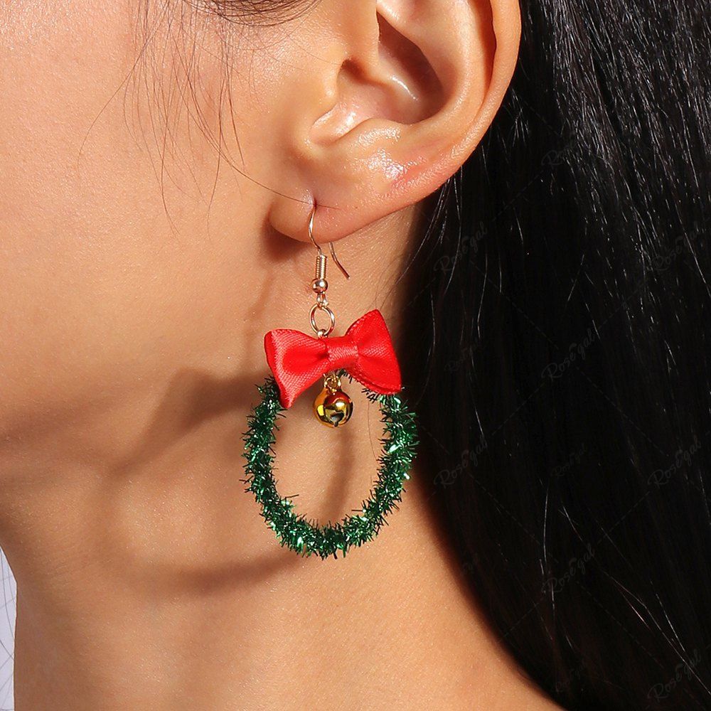 Outfit Christmas Bell Wreath Bow Drop Earrings  