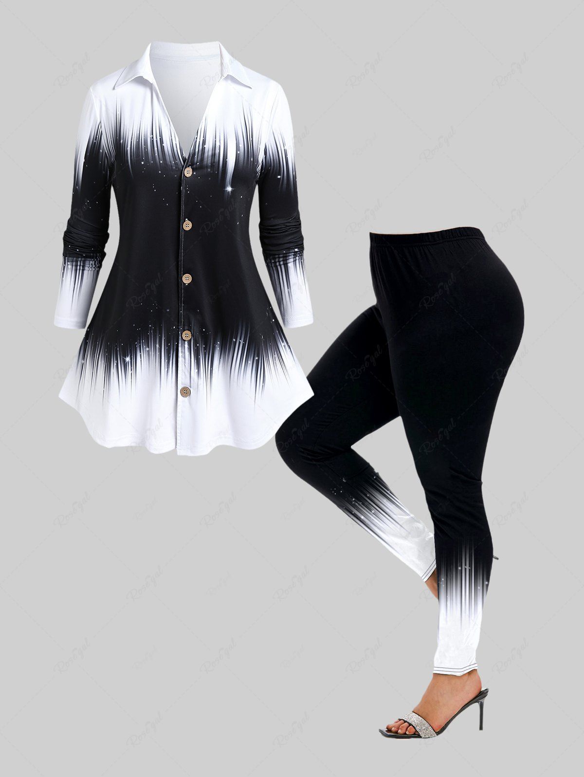 Fashion Monochrome Colorblock Button Up Shirt and Skinny Leggings Plus Size Outfit  