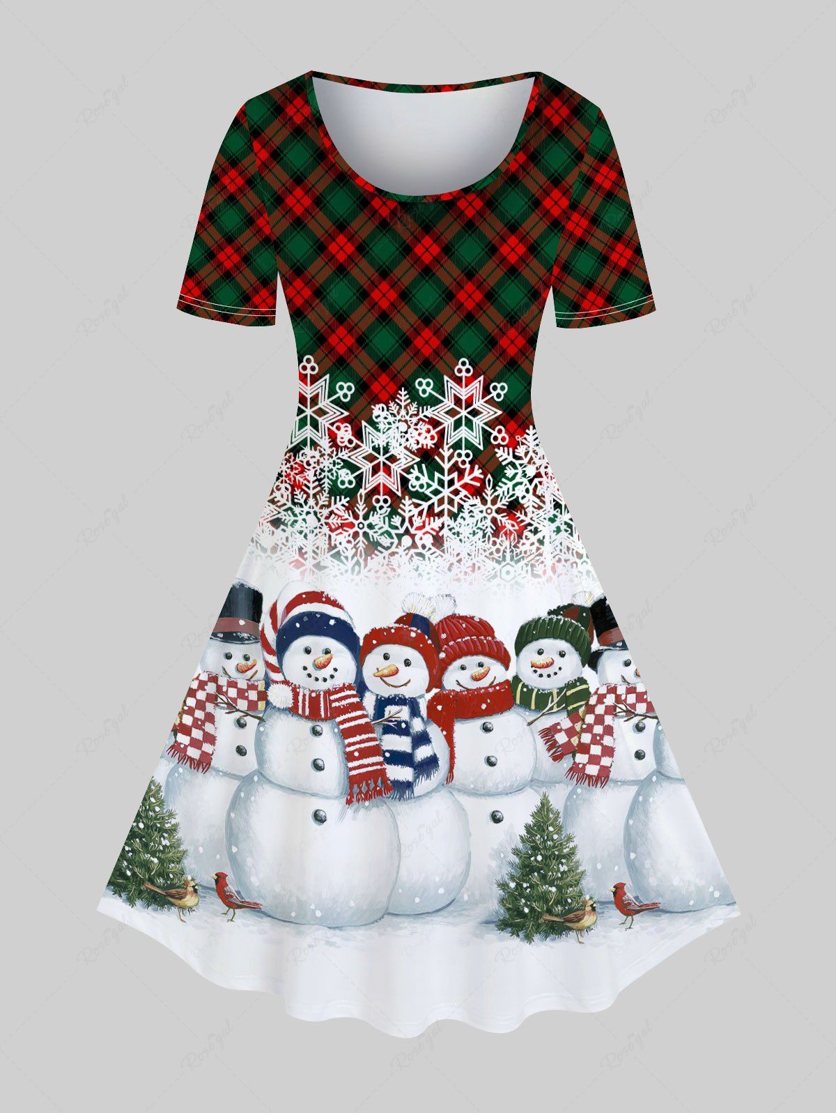 Online Plus Size Christmas Plaid Snowman Print Knee Length Dress  