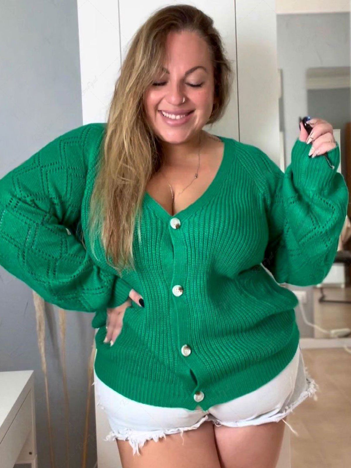 Chic Plus Size Raglan Sleeves Rhombus Pointelle Knit Solid Cardigan  