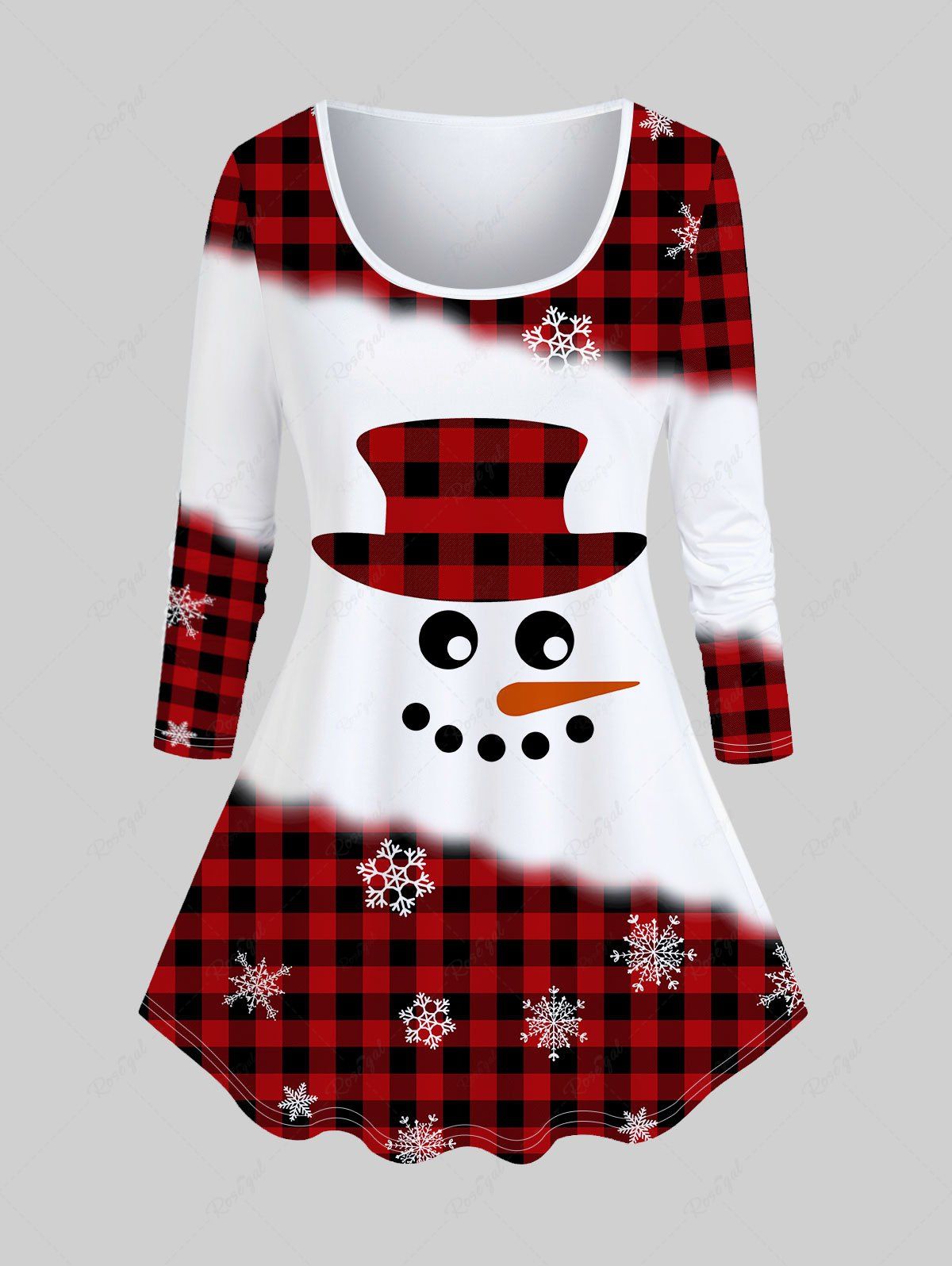 T-shirt de Noël à Imprimé Bonhomme de Neige Flocon de Neige à Carreaux de Grande Taille à Manches Longues Rouge 4X | US 26-28