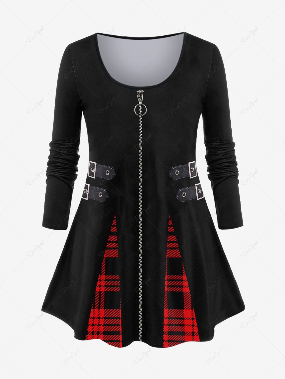 Hot Plus Size 3D Zip Buckle Print Plaid T-shirt  