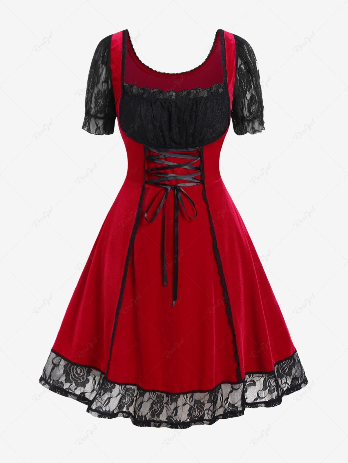 Shops Plus Size Christmas Lace Panel Lace-up Vintage A Line Velvet Dress  