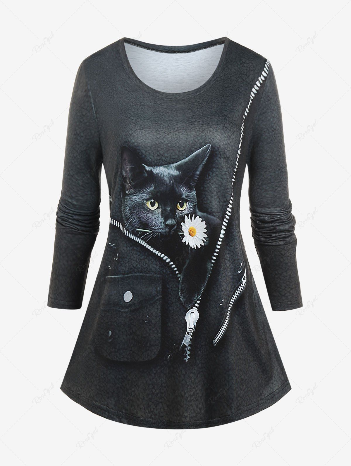 T-Shirt à Manches Longues à Imprimé Chat et Fermeture Éclair 3D Grande-Taille Noir 4XL