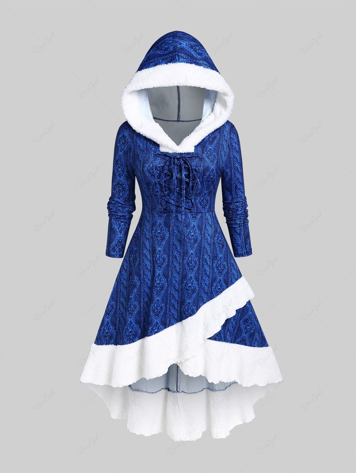 Robe à Capuche Fourrée à Imprimé 3D Haute Basse de Grande Taille à Lacets Bleu L | US 12