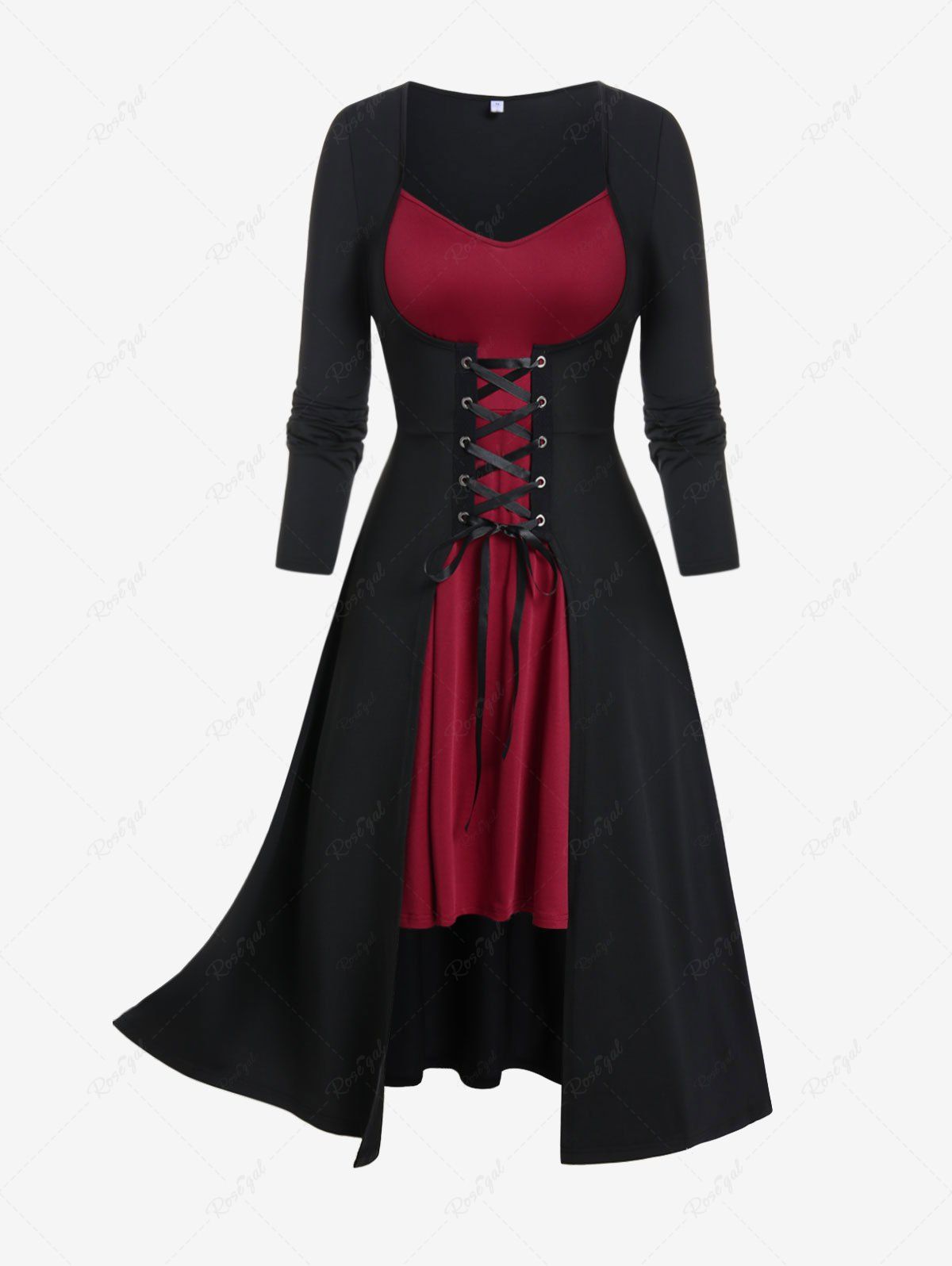 Robe Mi-Longue Asymétrique Gothique Bicolore de Grande Taille à Lacets Noir 1X | US 14-16