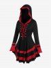 Plus Size Hooded Lace Up Colorblock Ruffled Top -  