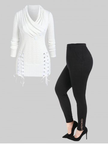 Lace-up Shawl Collar Cable Knit Sweater and Hollow Out High Rise Leggings with Pockets Plus Size Outerwear Outfit - WHITE