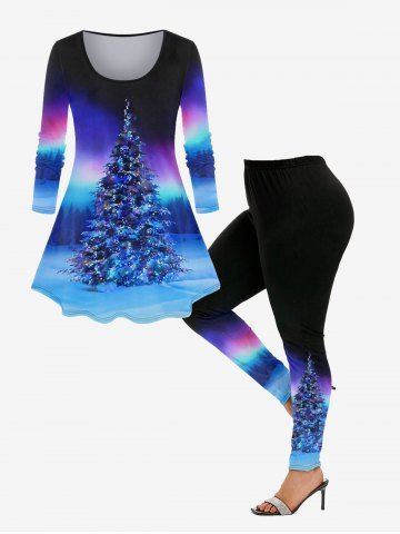 Christmas Tree Print Ombre Long Sleeve T-shirt and Leggings Plus Size Outfit - BLUE