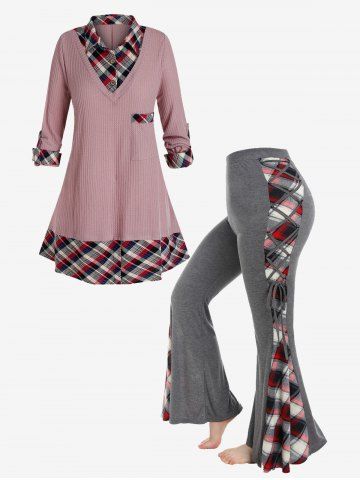 2 In 1 Plaid Shirt Collar Sweater and High Waist Lace Up Plaid Bell Bottom Pant Plus Size Outerwear Outfit - LIGHT PINK