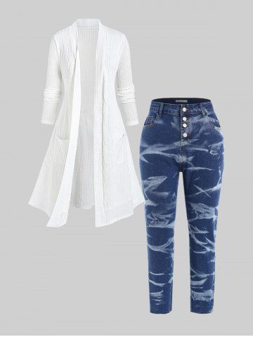 Plus Size Patch Pocket Belted Duster Cardigan and Tie Dye Jeans Outfit - WHITE