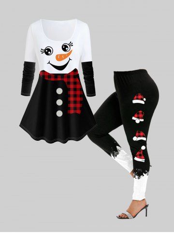 Christmas Snowman Printed Plaid Long Sleeves Tee and Leggings Plus Size Outfit - BLACK