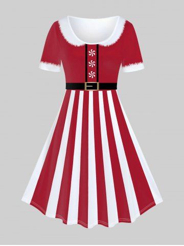Plus Size Christmas 3D Print Striped A Line Dress - RED - M | US 10