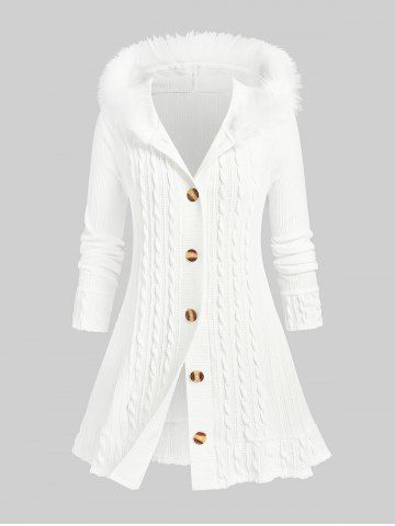 Plus Size Fuzzy Trim Hooded Cable Knit Cardigan - WHITE - L | US 12
