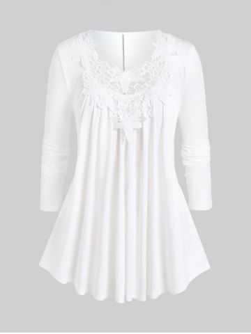 Plus Size Solid Color Lace Guipure T-shirt - WHITE - L | US 12